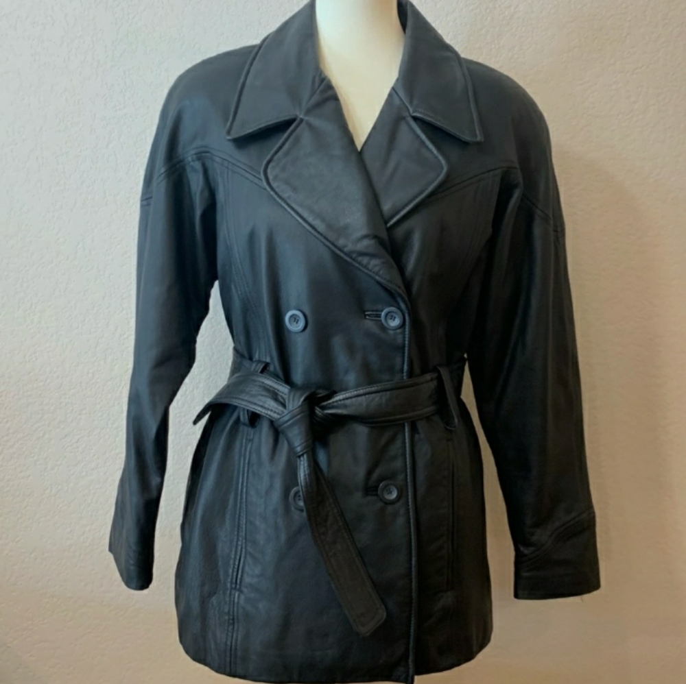 Vintage Preston & York Black Leather Jacket  Pea CoatBelt S